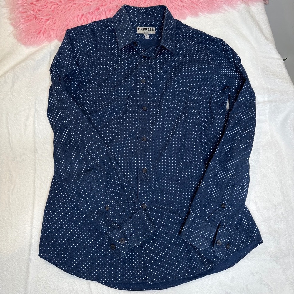 Express Fitted Mens Navy Blue Polka Dot Long Sleeve Button Down Shirt Small S - Picture 4 of 7
